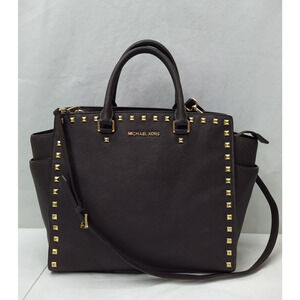 Michael Kors Selma Brown Saffiano Leather Studded Double Handle Tote Bag